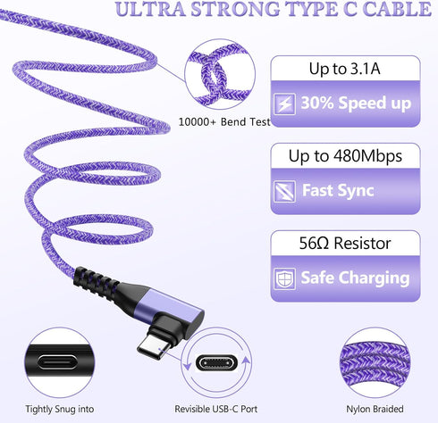 USB Type C Cable 6FT 3Pack Fast Charging Right Angle Cable for iPhone 15 Pro, Samsung Galaxy A55 A35 A33 A32 5G