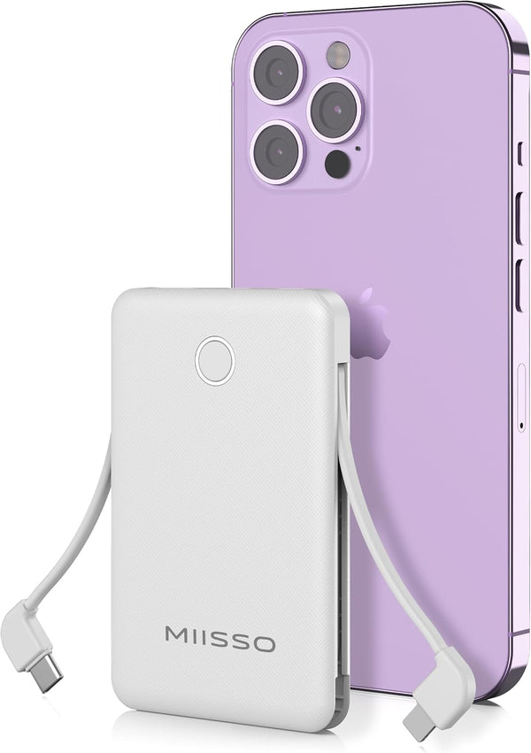 miisso 6000mah Ultra Slim Power Bank, Card Size Built in USB C Cords Battery Pack, Portable Charger for Phones, Snow