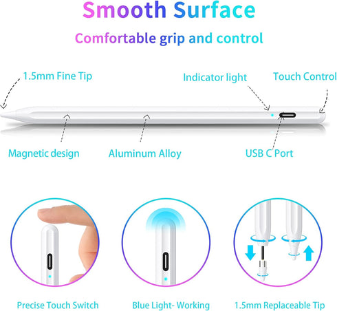 Active Stylus Pen, Rechargeable Stylus for iOS & Android Touchscreens, Dual Touch Screen Pencil, 16.5CM, White