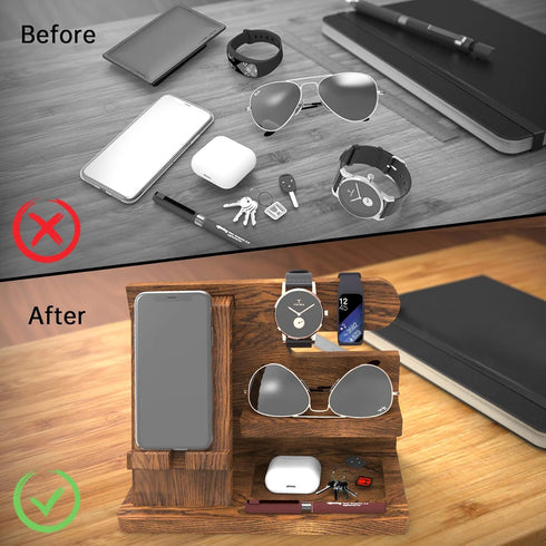 Wooden Phone Docking Station Organizer for Dad Birthday Gifts, Nightstand Organizer, Desk Organizer Wood Gifts for Men