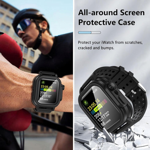 Hensinple Waterproof Case for Apple Watch Band 45mm Series 8/7 with Built-in Screen Protector, IP68 360 Full Protective