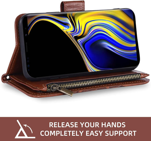 Asuwish Galaxy Note 9 Wallet Case with Flower Leather, Tempered Glass Protector, Flip Stand, Card Holder - Brown