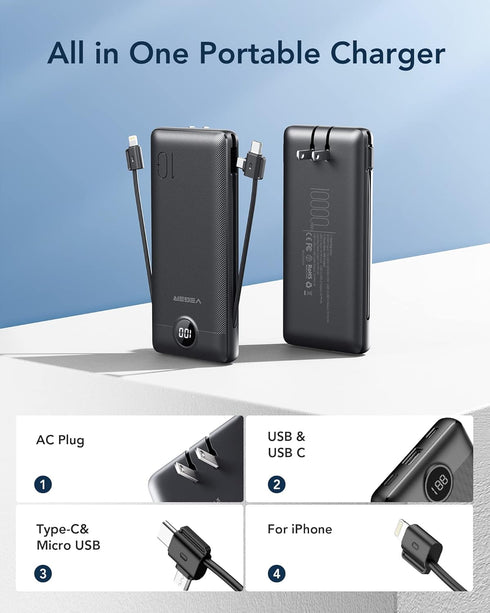 VEGER Portable Charger for iPhone, Built-in Cables and Wall Plug, 10000mAh Slim Fast Charging Power Bank, Black