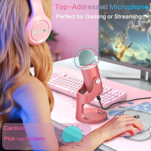 ZealSound Gaming USB Pink Microphone with Quick Mute for Phone, Computer, PC, PS5, Studio Mic with Gain Control, Echo &