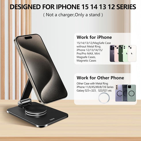 Magnetic Phone Stand Compatible with MagSafe, Foldable Desk Stand with 360° Rotation Base for iPhone