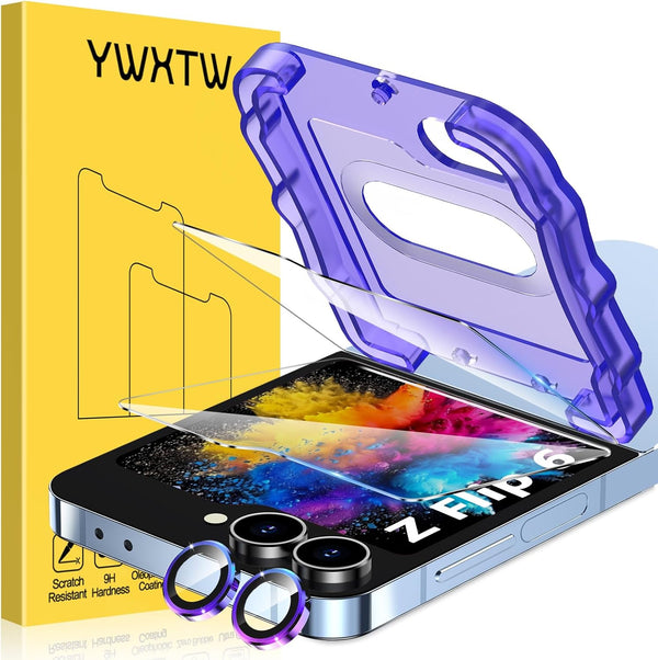 YWXTW EZ Alignment Screen Protector for Samsung Galaxy Z Flip 6, 2 PCS Front Tempered Glass + 1 Set Camera Lens