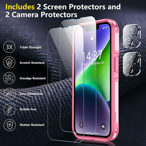 SPIDERCASE Heavy Duty Shockproof Case for iPhone 14/15, Pink, 15 FT Military Grade Drop Protection, 2 Pack Protectors.
