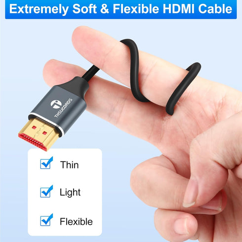 8K 6.6FT, 2.1 8K@60Hz, 4K@120Hz 144Hz 48Gbps Thsucords Silicone HDMI Cable Flexible Slim High Speed HDMI Cord Supports
