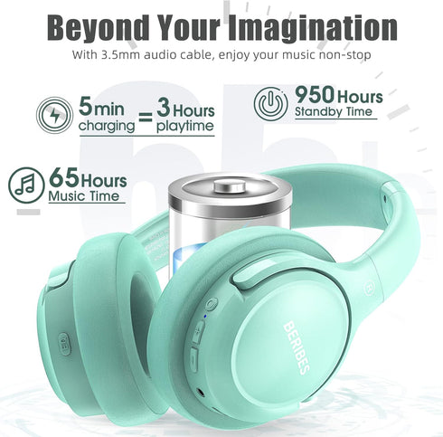 Bluetooth Wireless Headphones Over Ear, BERIBES 65H Playtime, 6 EQ Music Modes, HiFi Stereo, Lightweight Headset, Green
