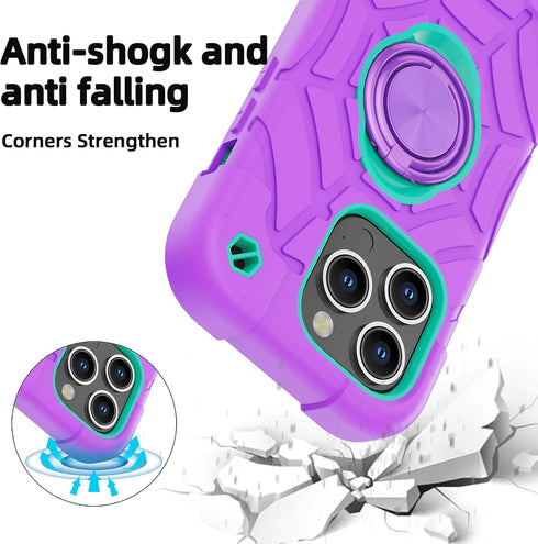 KCJ Tough Rugged Heavy Duty Case for iPhone 15 Pro (6.1") - Purple+Mint with 2× Screen Protectors & Ring Stand.