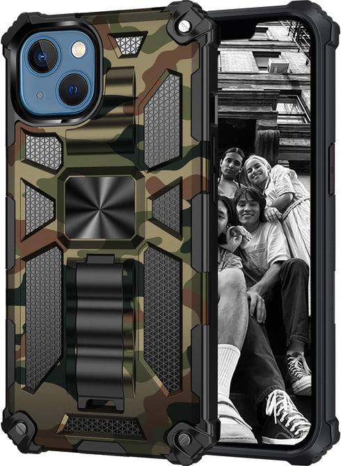 Camo Case for Apple iPhone 13 with Kickstand, Rugged Outdoor Military Grade Shockproof Phone Case, Camouflage Army Green