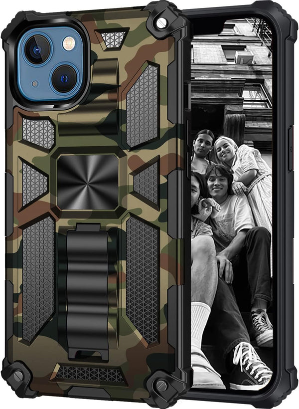 Camo Case for Apple iPhone 13 with Kickstand, Rugged Outdoor Military Grade Shockproof Phone Case, Camouflage Army Green