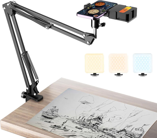 Overhead Phone Mount with Rechargeable Light for iPhone, Desk Tripod with Clamp