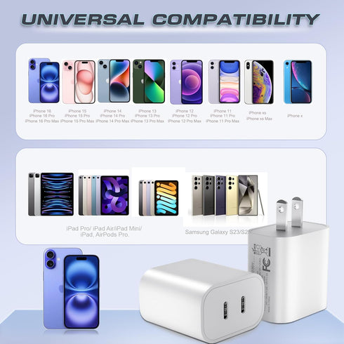 USB C Charger for iPhone 16, 2 Pack 36W PD Dual USB C Port Wall Fast Charger Adapter with 2 Pcs 6 FT Cable