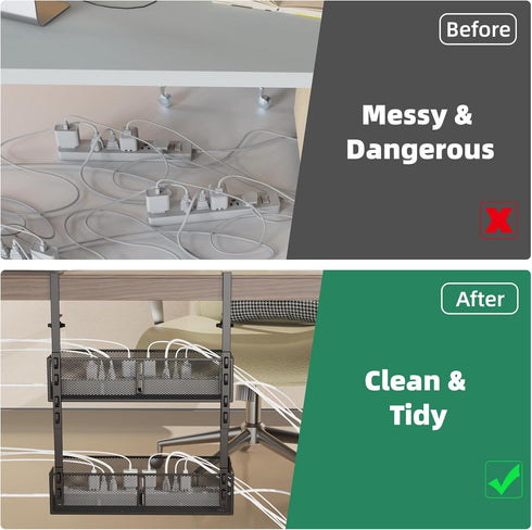 Multi-Model Under Desk Cable Management Tray 2 Packs, Metal Wire Management Clamp for No Damage to Desk (Black)