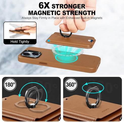 TUCCH Case for iPhone 15, Removable Card Wallet, RFID Blocking, Magnetic Wireless Charging, Brown, Compatible with