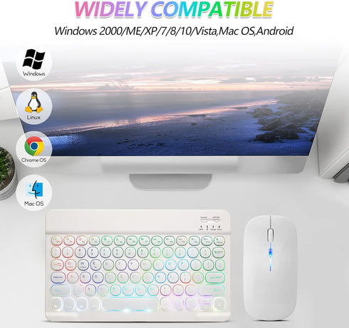 Ultra-Slim Bluetooth Keyboard and Mouse, Portable Mini Wireless Keyboard Rechargeable with 7-Color Backlit for iPad,