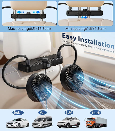 360 2 Dual Hose USB Fan for Car SUV RV Pickup Vehicle Headrest, Car Seat Fan for Baby Kids Rear Facing - Quiet Stepless