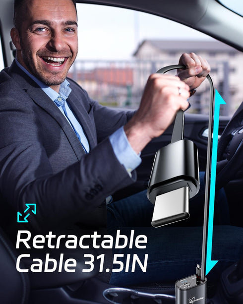 Retractable Car Charger, 66W Super Fast USB Charger with Dual Type-C Cables and 2 USB Ports for iPhone and Samsung