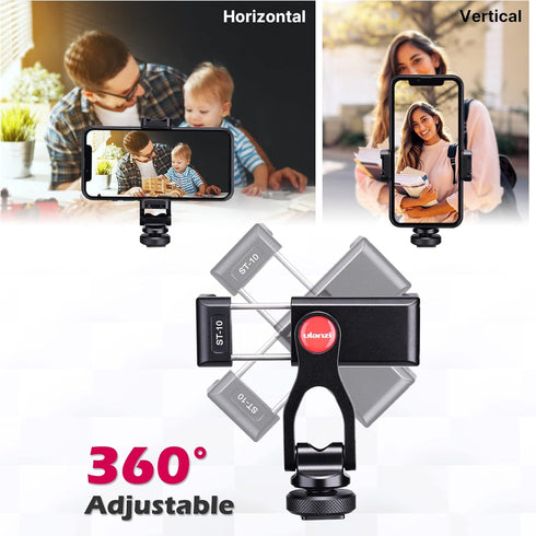 ULANZI Metal Phone Tripod Mount ST-10, Universal 360° Smartphone Adapter with 2 Cold Shoe Mounts, Adjustable Cell Phone
