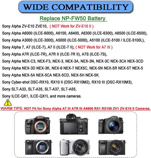 Gonine AC-PW20 Power Supply NP-FW50 Dummy Battery Kit for Sony Alpha ZV-E10, A6400, A6000, A5100 Cameras
