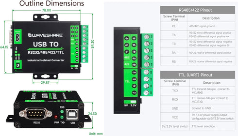 USB to RS232/485/422/TTL Converter with FT232RNL Chip, Industrial Isolated USB Adapter for Multi Devices