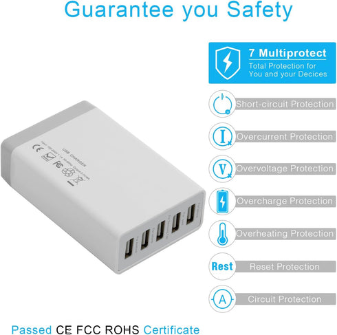 Desktop 5 Port USB Wall Charger 40W 8A, USB Hub Charging Station for Multiple Devices, Portable Multi Port USB Charger