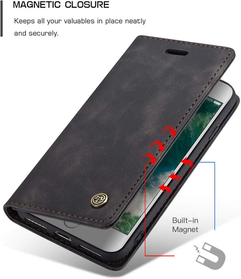 SINIANL Leather Folio Case for iPhone 7/8, Kickstand Credit Card Holder with Magnetic Closure, Black