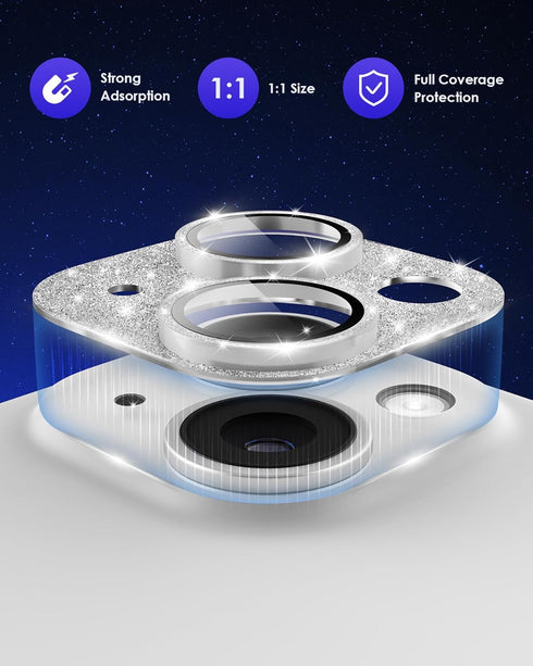for iPhone 15 Plus/iPhone 15 Camera Lens Protector Glitter Plus Aluminium Alloy Ring 9H Tempered Glass Screen Case Friendly Camera Cover for iPhone 15 Glitter Silver