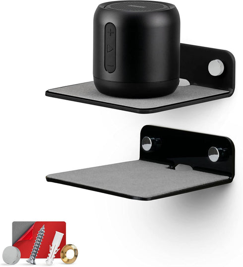 BRAINWAVZ 2-Pack 4 Small Floating Shelf Bluetooth Speaker Stand, Adhesive & Screw Wall
