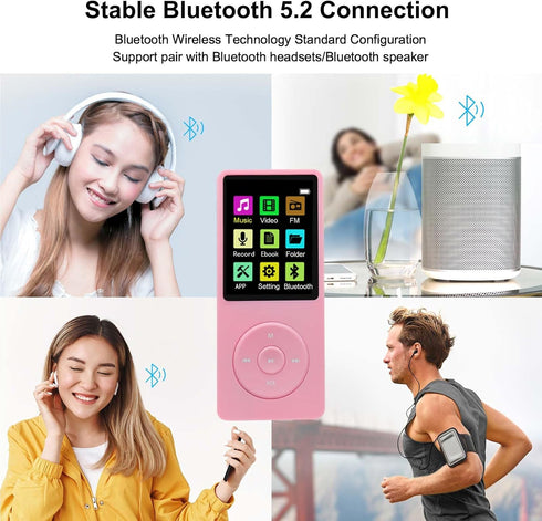 imkavery 128GB MP3 5.2, Player with Bluetooth Portable Pink Music Player for Kids with Built-in HD Speaker, FM Radio