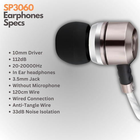 Sephia SP3060 Wired Headphones: HD Bass, Lightweight Aluminum, In-Ear Design, S/M/L Tips, Earphone Case, 3.5mm Cord.