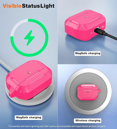 MATEKXY AirPods Pro Case with Cleaner Kit, Shockproof Cover with Lanyard & Keychain, Compatible with MagSafe - Pink