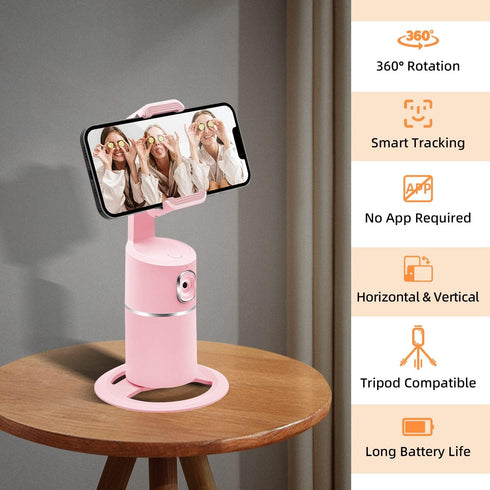 Mcbazel Auto Face Tracking Tripod for Live Vlog Streaming, 360° Rotation, Rechargeable Battery, Pink Phone Camera Mount