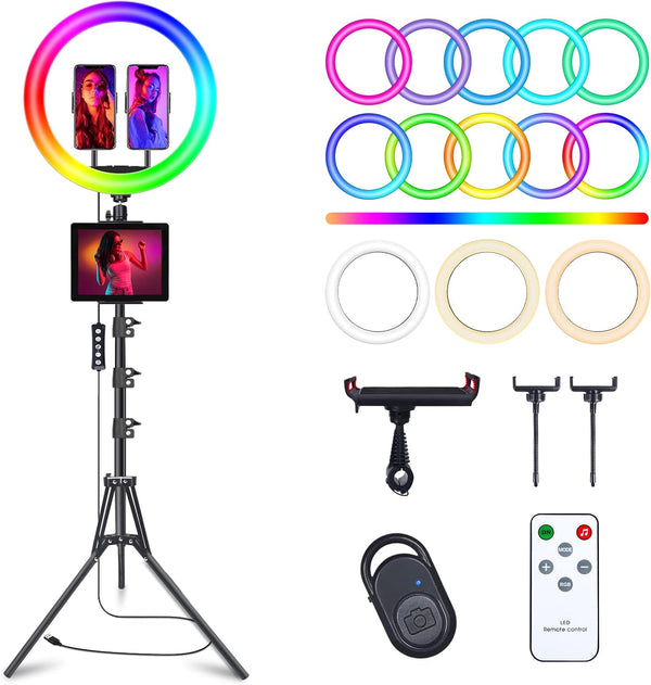 12" Selfie Ring Light with 63" Tripod Stand - 3 Phone Holder, LED Camera Ringlight with RGB Colors Modes for