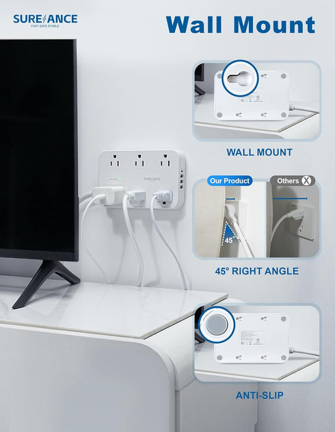 Surge Protector Power Strip - 6 Outlets, 3 USB-A, 1 USB-C, 1050J, 6FT Flat Plug Extension Cord, ETL Certified