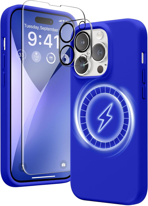 GONEZ iPhone 14 Pro Max Case, Cobalt Blue Liquid Silicone, Magsafe Compatible, with 2X Screen & Camera Lens Protectors.