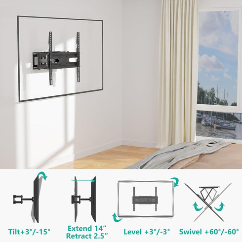 WALI Full Motion TV Wall Mount for 32-70 inch Flat Curved TV, Swivel Extension Tilting Bracket