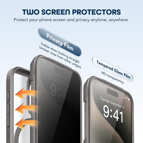 TIESZEN iPhone 15 Pro Case - Dark Gray, Magnetic, Magsafe Compatible, 9H Tempered Screen & Privacy Protectors,