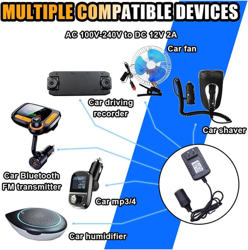 100-240V 12V 2A 24W AC to DC Converter, Portable Power Adapter for Car Devices, Auto Power Supply Transformer