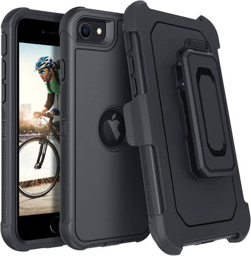 DUEDUE Case for iPhone SE 2022/2020, Military Grade Shockproof Heavy Duty Rugged Cover with Kickstand, Black