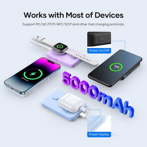 Electric Suction Power Bank, 5000mAh Wireless Charger, 22.5W Fast Charging, USB-C Cable, for iPhone 15/14/13/12, Purple