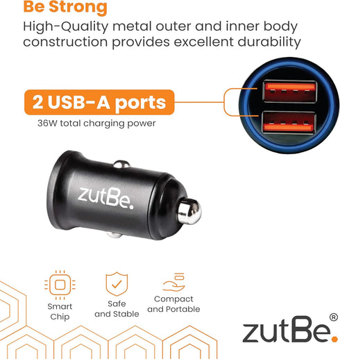 Dual USB-A 36W Compact Metal Fast Car Charger with QC 3.0 for iPhone and Samsung Galaxy