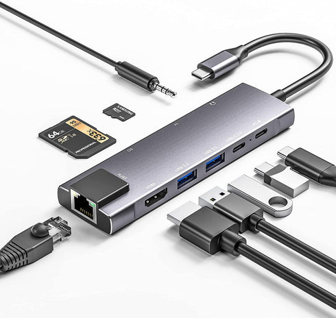 USB C Hub 9 in 1 Multiport Adapter with Gigabit Ethernet, 100W PD, 4K@60Hz, for MacBook, iPad Pro, iPhone 15