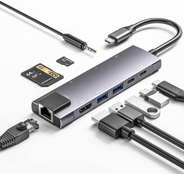 USB C Hub 9 in 1 Multiport Adapter with Gigabit Ethernet, 100W PD, 4K@60Hz, for MacBook, iPad Pro, iPhone 15
