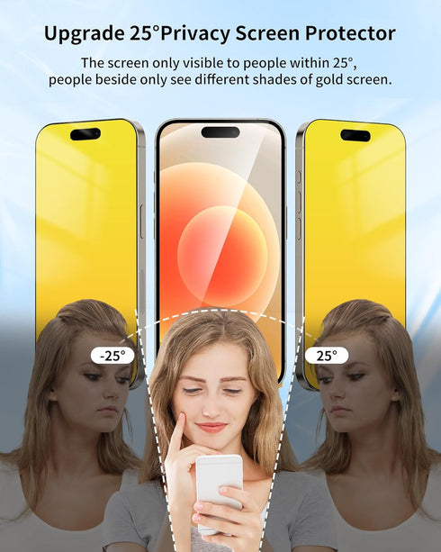 for iPhone 14 Pro Max and for iPhone 15 Plus Privacy Screen Protector Gradient colorful Anti Spy Tempered Glass 2 PACK 25° anti Blue light eye protection Easy Installation Frame 6.7 inch Gold