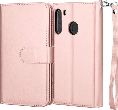 Njjex Wallet Case for Samsung Galaxy A21, 2020, Rose Gold, PU Leather with 9 Card Slots, Detachable Kickstand & Lanyard