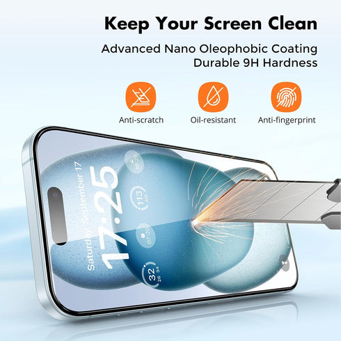 UNBREAKcable 3-Pack iPhone 15 Screen Protector, 9H Hardness, Shatterproof, HD Clear, Case Friendly, Easy Install Frame.