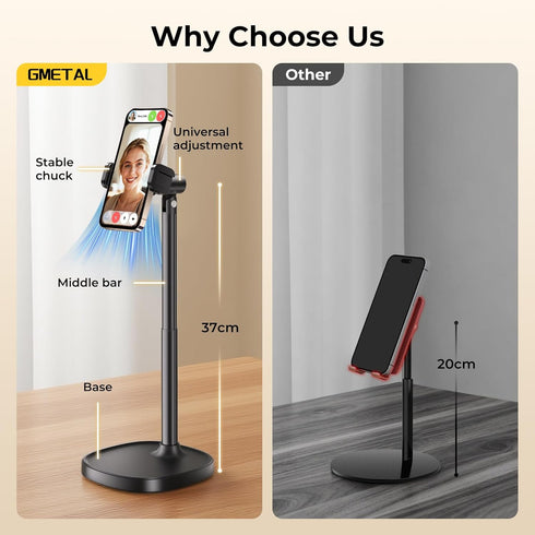GMETAL Desktop Phone Stand, Adjustable Height & Angle Holder, Compatible with iPhone, Samsung, Android Smartphones