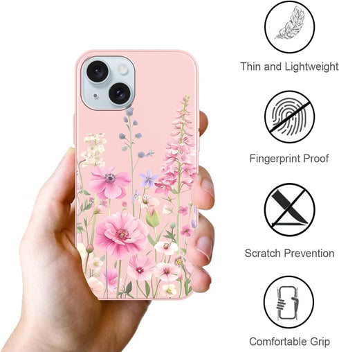 lioscre 2 Pack 15 6.1'', Cute Floral Phone Case for iPhone Flower Pattern Print Aesthetic Design Soft Pink Silicone